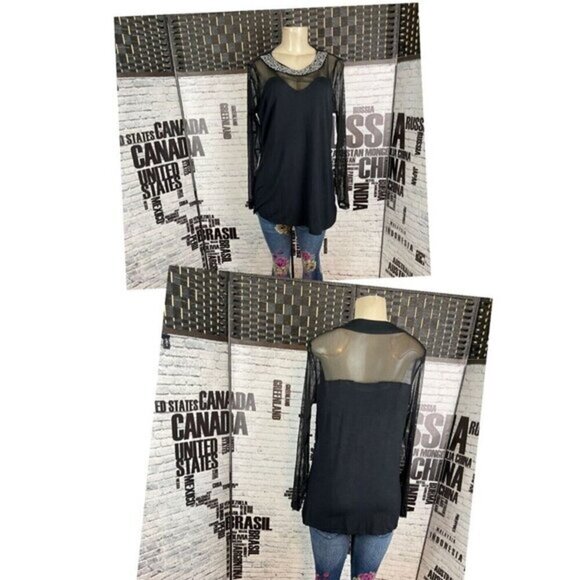 Roaman's 12 Black Sheer Mesh Studded Jewel Neckline Sheer Long Sleeve Blouse - Picture 1 of 6